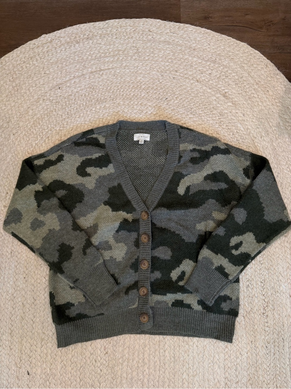 Lucky Brand Camo V-Neck Button Cardigan - Olive Green & Gray